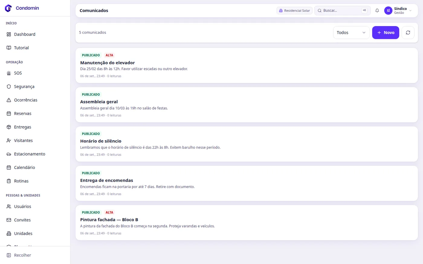 Lista de comunicados no painel Condomin